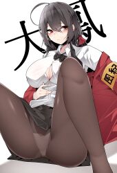Rule 34 | 1girl, absurdres, ahoge, armband, azur lane, black bow, black bowtie, black hair, black skirt, bow, bowtie, breasts, brown pantyhose, button gap, character name, cleavage, closed mouth, collared shirt, crossed bangs, feet out of frame, glasses, hair between eyes, hand on own stomach, highres, huge ahoge, jacket, large breasts, long hair, long sleeves, looking to the side, loose bowtie, miniskirt, official alternate costume, open clothes, open jacket, panties, panties under pantyhose, pantyhose, partially unbuttoned, pleated skirt, red eyes, red jacket, round eyewear, samip, school uniform, shirt, simple background, sitting, skirt, solo, spread legs, taihou (azur lane), taihou (sweet time after school) (azur lane), underwear, white background, white panties, white shirt, yellow armband