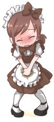 Rule 34 | 1girl, apron, black footwear, blush, bow, bowtie, brown bow, brown bowtie, brown hair, closed eyes, crying, embarrassed, female focus, flat chest, full body, hair bow, have to pee, maid, maid apron, maid headdress, mary janes, moettotsushinsha, nose blush, open mouth, original, own hands together, pantyhose, peeing, peeing self, pigeon-toed, puddle, shoes, short sleeves, solo, standing, swept bangs, tears, transparent background, v arms, wet, wet clothes, white apron, white pantyhose