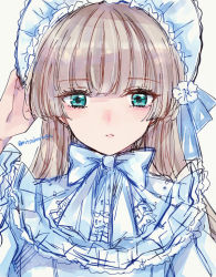 Rule 34 | 1girl, aqua eyes, artist name, blonde hair, blue bow, blue dress, blue headwear, blue ribbon, blue theme, blunt bangs, blunt ends, bonnet, bow, dress, expressionless, frilled dress, frills, gosick, grey background, hand on headwear, harugamitsu, hime cut, lolita fashion, long hair, looking at viewer, parted lips, ribbon, sidelocks, signature, simple background, sketch, solo, split mouth, sweet lolita, upper body, victorica de blois