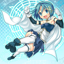 Rule 34 | 10s, 1girl, :d, armband, belt, blue eyes, blue hair, cape, fortissimo, gloves, hair ornament, hairclip, highres, magic circle, magical girl, mahou shoujo madoka magica, mahou shoujo madoka magica (anime), mahou shoujo madoka magica movie 1 &amp; 2, matching hair/eyes, miki sayaka, musical note, musical note hair ornament, open mouth, pt@i, short hair, smile, solo, soul gem, staff (music), thighhighs, zettai ryouiki