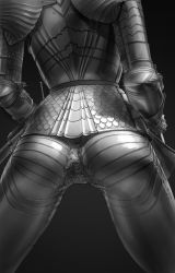 Rule 34 | 1girl, absurdres, armor, ass, ass focus, commentary, english commentary, feet out of frame, from behind, full armor, greyscale, head out of frame, highres, impossible armor, monochrome, plate armor, revision, scabbard, sheath, simple background, solo, sword, wass nonnam, weapon