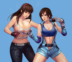 Rule 34 | 2girls, abs, absurdres, black hair, blouse, blue background, breast press, breast punch, breasts, brown eyes, brown hair, cirenk, cleavage, cowboy shot, crossover, dead or alive, female focus, fight, fingerless gloves, gloves, green eyes, highres, hitomi (doa), huge breasts, kazama asuka, large breasts, legs apart, lips, long hair, looking at another, matching hair/eyes, medium hair, midriff, multiple girls, namco, navel, one eye closed, open mouth, padded gloves, punching, shirt, short hair, short sleeves, simple background, sweat, tecmo, tekken, thighs, torn clothes, white shirt, wince