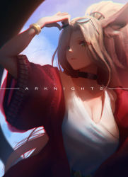 Rule 34 | 1girl, animal ear fluff, animal ears, arknights, blonde hair, bracelet, breasts, choker, cleavage, copyright name, gitano (arknights), gitano (unknown journey) (arknights), highres, jewelry, linxxx, long hair, looking at viewer, official alternate costume, parted lips, ponytail, solo, sunglasses, sunglasses on head, very long hair, yellow eyes