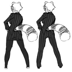 1girl animal_ears araiguma-san back-seamed_legwear bespectacled collage female_focus formal_clothes from_behind glasses greyscale hand_on_own_hip monochrome original pant_suit pants pantyhose pencil_skirt pinstripe_pattern pinstripe_suit raccoon_ears raccoon_tail seamed_legwear short_hair skirt skirt_suit solo striped suit tail teacher tsukudani_(coke-buta)