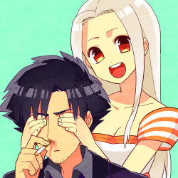 Rule 34 | 1boy, 1girl, :d, black hair, cigarette, covering another&#039;s eyes, covering own eyes, dress, emiya kiritsugu, facial hair, fate/zero, fate (series), gum (gmng), gumidemo kandero, hands on another&#039;s face, husband and wife, irisviel von einzbern, irisviel von einzbern (angel&#039;s song), long hair, lowres, open mouth, red eyes, smile, stubble, white hair