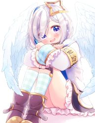 Rule 34 | 1girl, :d, amane kanata, amane kanata (1st costume), angel wings, artist request, bob cut, commentary request, eyes visible through hair, full body, gold trim, halo, head tilt, highres, hololive, looking at viewer, open mouth, second-party source, simple background, single hair intake, sitting, smile, solo, star halo, virtual youtuber, white background, wings
