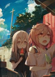 Rule 34 | 10s, 2girls, ahoge, blonde hair, blue eyes, cloud, commentary request, day, eating, food, food in mouth, hair ornament, i-58 (kancolle), jar, kantai collection, kashii (amoranorem), long hair, multiple girls, off shoulder, open mouth, outdoors, pink eyes, pink hair, popsicle, railing, ramune, short hair, sky, tree, u-511 (kancolle), watermelon bar