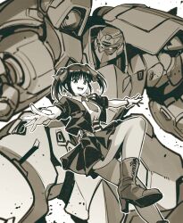 Rule 34 | 1girl, 1other, absurdres, boots, breasts, gloves, hair ornament, hair ribbon, highres, ishiyumi, long hair, mecha, medium breasts, mio sasuga, monochrome, necktie, open mouth, pantyhose, ribbon, robot, skirt, solo, super robot wars, super robot wars the lord of elemental, twintails, zamzeed
