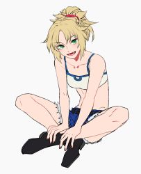 Rule 34 | 1girl, bare arms, bare shoulders, belt, black footwear, blonde hair, breasts, collarbone, denim, denim shorts, fang, fate/apocrypha, fate (series), green eyes, grey background, long hair, medium hair, mordred (fate), mordred (fate/apocrypha), mordred (memories at trifas) (fate), parted lips, ponytail, scrunchie, shoes, short shorts, shorts, simple background, sitting, small breasts, smile, solo, sports bra, tenobe