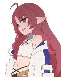 Rule 34 | 1girl, ahoge, arknights, bare shoulders, belt, coat, green eyes, long hair, looking to the side, myrtle (arknights), navel, off shoulder, open clothes, open coat, open mouth, pointy ears, red hair, simple background, solo, sumiyao (amam), tank top, white background, white coat, white tank top