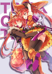Rule 34 | 1boy, 1girl, animal ears, bell, black jacket, black pants, black thighhighs, bow, bowtie, cloak, closed mouth, earrings, fake animal ears, fake tail, fate/grand order, fate/grand order arcade, fate (series), fingerless gloves, fur-trimmed jacket, fur trim, gloves, halloween, hand on another&#039;s ass, highres, jacket, jewelry, layered skirt, long hair, looking at another, neck bell, open clothes, open jacket, open mouth, orange eyes, orange footwear, orange headwear, orange shirt, pants, purple bow, purple bowtie, purple cloak, rama (fate), satoimo (3311 mi), shirt, simple background, sita (fate), skirt, sleeve rolled up, smile, tail, text background, thighhighs, twintails, white background