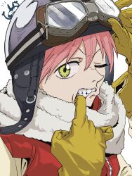 Rule 34 | 1girl, finger in own mouth, flcl, gloves, goggles, goggles on head, green eyes, hair between eyes, haruhara haruko, helmet, highres, one eye closed, pink hair, pink punk ponk, short hair, simple background, teeth, white background, yellow gloves