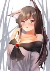 Rule 34 | 1girl, animal ears, bad id, bad pixiv id, bare shoulders, blush, breasts, brooch, brown hair, cleavage, dress, highres, imaizumi kagerou, jewelry, large breasts, long hair, long sleeves, looking at viewer, red eyes, smile, solo, tongue, tongue out, touhou, upper body, wolf ears, yusake san