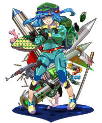 Rule 34 | 1girl, bad id, bad pixiv id, blue eyes, blue hair, condom, condom packet strip, condom wrapper, female focus, gloves, gun, hair bobbles, hair ornament, handheld game console, kawashiro nitori, matching hair/eyes, mishina (1204222), pinky out, playstation portable, rifle, short hair, solo, touhou, twintails, two side up, weapon
