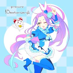 Rule 34 | &gt; &lt;, 10s, 1girl, 7melon, ;d, anniversary, bad id, bad pixiv id, blue footwear, blue skirt, boots, brooch, choker, cure beat, earrings, closed eyes, frills, hair ornament, heart, high heel boots, high heels, hummy (suite precure), jewelry, kurokawa eren, long hair, magical girl, one eye closed, open mouth, pink theme, precure, purple hair, ribbon, seiren (suite precure), side ponytail, skirt, smile, solo, suite precure, thigh boots, thighhighs, very long hair, yellow eyes