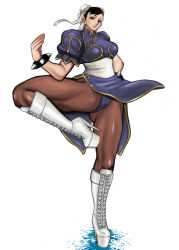 Rule 34 | alternate costume, black hair, boots, bun cover, capcom, chinese clothes, chun-li, cross-laced footwear, double bun, earrings, high heel boots, high heels, highres, jewelry, knee boots, komii, lace-up boots, legs, looking at viewer, pantyhose, shoes, solo, street fighter, thick thighs, thighs, upskirt