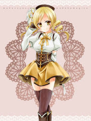 Rule 34 | 10s, 1girl, arm behind back, beret, blonde hair, blush, boots, corset, crossed legs, detached sleeves, drill hair, fingerless gloves, gloves, hat, kubyou azami, magical girl, mahou shoujo madoka magica, mahou shoujo madoka magica (anime), puffy sleeves, smile, solo, standing, thighhighs, tomoe mami, yellow eyes, zettai ryouiki
