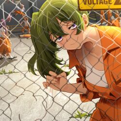 6+girls absurdres alternate_costume aura_(sousou_no_frieren) aura_bullying_(meme) basketball_court basketball_hoop blush brown_hair chain-link_fence commentary corpse demon_girl elf fence fern_(sousou_no_frieren) frieren green_hair grey_hair handjob_gesture highres horns khyle. long_hair multiple_girls orange_shirt pointy_ears prison prison_clothes purple_eyes purple_hair sense_(sousou_no_frieren) severed_head shirt side_ponytail sousou_no_frieren tank_top ubel_(sousou_no_frieren) white_tank_top