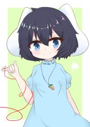 Rule 34 | 1girl, animal ears, black hair, blue dress, blue eyes, blush stickers, breasts, closed mouth, commentary request, dress, friedpotaci, green background, hair between eyes, hand up, heart, highres, inaba tewi, puffy short sleeves, puffy sleeves, rabbit ears, ribbon-trimmed dress, short hair, short sleeves, small breasts, smile, solo, string, string around finger, string of fate, touhou, two-tone background, white background