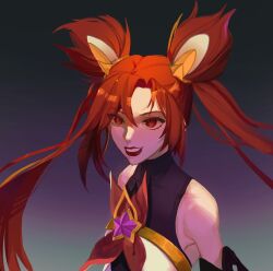 Rule 34 | 1girl, bare shoulders, black shirt, flowercz, gradient background, jinx (league of legends), league of legends, long hair, official alternate costume, red eyes, red hair, red lips, shirt, slit pupils, solo, star (symbol), star guardian (league of legends), star guardian jinx, teeth, twintails, upper body