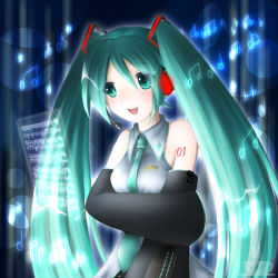 Rule 34 | 1girl, :d, aqua necktie, beamed quavers, black background, blouse, blush, collared shirt, crotchet rest, detached sleeves, eyes visible through hair, flat sign, frilled shirt, frills, glowing, green eyes, green hair, grey shirt, hair between eyes, hatsune miku, headset, long hair, matching hair/eyes, minyo, music, musical note, necktie, open mouth, quaver, sharp sign, shirt, singing, sleeveless, sleeveless shirt, smile, solo, tattoo, twintails, very long hair, vocaloid