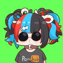 Rule 34 | 1girl, belt collar, black hair, blue hair, chibi, closed mouth, collar, facing viewer, fate/grand order, fate (series), glasses, green background, grey shirt, looking at viewer, multicolored hair, pince-nez, pornhub, red hair, sei shounagon (fate), shirt, simple background, solo, sunglasses, takato kurosuke, twintails