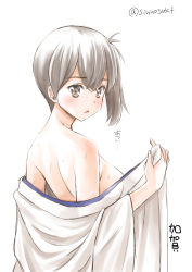 Rule 34 | 10s, 1girl, back, bare shoulders, blush, body blush, breasts, brown eyes, brown hair, fujishima shinnosuke, highres, kaga (kancolle), kantai collection, open clothes, open mouth, short hair, side ponytail, sinnosuke, solo, sweat, twitter username, white background