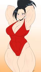 Rule 34 | 1girl, abs, absurdres, arms behind head, black eyes, black hair, blush, boku no hero academia, breasts, cameltoe, cleavage, gradient background, highres, large breasts, leotard, long hair, looking at viewer, muscular, muscular female, okioppai, ponytail, red leotard, signature, smile, solo, thick thighs, thighs, wide hips, yaoyorozu momo