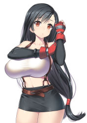 Rule 34 | 1990s (style), 1girl, black hair, blush, breasts, crop top, elbow gloves, elbow pads, final fantasy, final fantasy vii, fingerless gloves, gloves, huge breasts, long hair, looking at viewer, low-tied long hair, midriff, miniskirt, nagase haruhito, pencil skirt, red eyes, retro artstyle, shirt, skirt, solo, suspender skirt, suspenders, tank top, taut clothes, taut shirt, tifa lockhart, white background