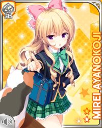 Rule 34 | 1girl, :o, ayanokoji mirei, bag, blonde hair, blouse, blue jacket, bow, card, cat, character name, curly hair, girlfriend (kari), green bow, green skirt, hair ornament, holding, jacket, long hair, open mouth, ouju, pink bow, plaid, plaid skirt, pointing, purple eyes, qp:flapper, ringlets, shirt, skirt, solo, v-shaped eyebrows, very long hair, white shirt, worried, yellow background