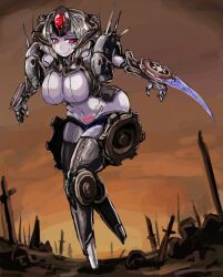 Rule 34 | 1girl, armor, automaton (monster girl encyclopedia), battlefield, bent over, blade, blush, breasts, commentary request, full body, gears, grey hair, headgear, highres, joints, large breasts, looking at viewer, monster girl encyclopedia, navel, red eyes, robot, robot girl, robot joints, short hair, smile, solo, standing, stomach, thighs, udetamago, weapon
