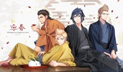 Rule 34 | 4boys, artist name, black hair, black kimono, blonde hair, blue eyes, blue kimono, brown eyes, brown hair, chinstrap beard, confetti, cup, facial hair, feet out of frame, final fantasy, final fantasy xv, gladiolus amicitia, glasses, hair between eyes, hair slicked back, hands on lap, happy new year, hinoe (dd works), holding, holding cup, ignis scientia, japanese clothes, kimono, long sleeves, looking at viewer, male focus, medium hair, multiple boys, new year, noctis lucis caelum, orange kimono, prompto argentum, reclining, rice, scar, scar across eye, short hair, sideburns, sitting, smile, spiked hair, swept bangs, wide sleeves, yellow kimono