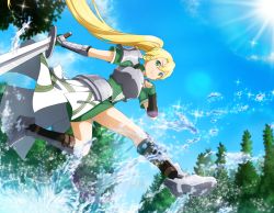 Rule 34 | 1girl, armor, armored boots, blonde hair, blue sky, boots, braid, breastplate, dress, faulds, floating hair, from below, game cg, gauntlets, green dress, green eyes, hair between eyes, holding, holding sword, holding weapon, jumping, leafa, long hair, ponytail, short dress, shoulder armor, sky, solo, sword, sword art online, thighs, twin braids, very long hair, waist cape, weapon