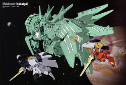 Rule 34 | annotated, emblem, flying, from side, full body, gun, gundam, hachicca, hamma hamma, holding, holding gun, holding weapon, mecha, nagano mamoru, nahatgall, newtype, no humans, non-web source, planet, robot, space, weapon