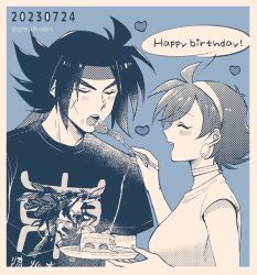Rule 34 | 1boy, 1girl, blue background, blush, border, cake, cake slice, choker, closed eyes, clothes writing, commentary request, cross scar, dated, domon kasshu, earrings, english text, facial scar, feeding, food, fork, g gundam, greyscale, greyscale with colored background, gundam, hairband, happy birthday, headband, heart, holding, holding fork, holding plate, jewelry, monochrome, open mouth, plate, profile, rain mikamura, reikarintow, scar, scar on cheek, scar on face, shirt, short sleeves, smile, speech bubble, strawberry shortcake, t-shirt, teeth, twitter username, upper body, upper teeth only, v-shaped eyebrows