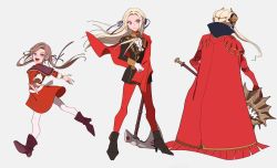 Rule 34 | 1girl, age progression, aged down, axe, aymr (fire emblem), brown hair, cape, closed mouth, dress, edelgard von hresvelg, fire emblem, fire emblem: three houses, from behind, garreg mach monastery uniform, gloves, grey background, hair ribbon, heroes relic (fire emblem), high heels, highres, holding, holding axe, horns, long hair, long sleeves, nintendo, open mouth, pantyhose, pikapika hoppe, purple eyes, red cape, red pantyhose, ribbon, simple background, uniform, weapon, white gloves, white hair, white pantyhose