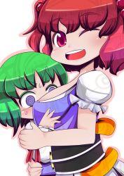 Rule 34 | 2girls, @ @, blush, breast smother, breasts, doku corne, face to breasts, female focus, green hair, hair bobbles, hair ornament, hug, large breasts, long sleeves, multiple girls, obi, onozuka komachi, open mouth, poikoro, purple eyes, red eyes, red hair, sash, shiki eiki, short hair, short sleeves, simple background, smile, sweatdrop, touhou, twintails, two side up