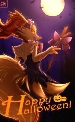 Rule 34 | 1girl, absurdres, animal ear fluff, animal ears, animal nose, artist name, backlighting, bat (animal), black dress, black fur, body fur, bow, braixen, clothed pokemon, creatures (company), dress, english text, fangs, female focus, flower, fox ears, fox girl, fox tail, from behind, full moon, furry, furry female, game freak, gen 6 pokemon, hair flower, hair ornament, halloween, hand up, happy, happy halloween, highres, holding, holding stick, knox is not dead, looking at viewer, looking back, moon, multicolored fur, neck fur, night, nintendo, open mouth, orange eyes, outdoors, pink bow, pink flower, pink rose, pokemon, pokemon (creature), purple sky, rose, short dress, signature, sky, sleeveless, sleeveless dress, smile, snout, solo, standing, star (sky), stick, tail, watermark, white fur, yellow fur
