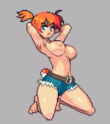 Rule 34 | 1girl, ahoge, alternate hair color, armpits, arms behind head, belt, blue eyes, breasts, creatures (company), curvy, female focus, game freak, grey background, kneeling, large breasts, looking at viewer, misty (pokemon), navel, nintendo, nipples, open mouth, pixel art, poke ball, pokemon, pokemon: the electric tale of pikachu, shiny clothes, shiny skin, solo, solo focus, sweat, thighs, third-party edit, topless, uncensored, wet, yumurama