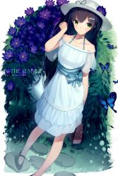 Rule 34 | 1girl, atha (leejuiping), bare shoulders, black hair, bug, butterfly, dress, english text, green eyes, hat, insect, long hair, original, solo, standing, very long hair