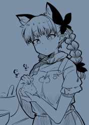 Rule 34 | 1girl, animal ears, animal print, apron, blunt bangs, braid, breasts, cat ears, cat print, cooking, extra ears, food, kaenbyou rin, large breasts, long hair, mizuga, monochrome, onigiri, pointy ears, rice, short sleeves, solo, tail, touhou, twin braids, twintails, upper body