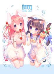 Rule 34 | 2girls, :p, animal ears, beret, black footwear, blush, bow, breasts, bridal garter, brown eyes, brown hair, cat ears, cat girl, cat tail, character name, cleavage, commentary request, crepe, dress, fingernails, flower, food, food in mouth, fruit, hair between eyes, hands on own chest, hat, holding, holding food, large breasts, long hair, looking at viewer, mouth hold, multiple girls, nail polish, original, pink hair, purple eyes, rabbit ears, rabbit girl, rabbit tail, red footwear, red nails, sakura (usashiro mani), strawberry, tail, thighhighs, tongue, tongue out, usashiro mani, white background, white dress, white flower, white hat, white legwear, yellow bow