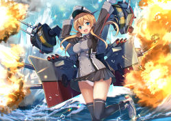 Rule 34 | 1girl, anchor hair ornament, aqua eyes, black ribbon, black skirt, black thighhighs, blonde hair, cannon, gloves, hair ornament, hat, kantai collection, low twintails, microskirt, panties, peaked cap, pleated skirt, prinz eugen (kancolle), redrawn, ribbon, rigging, skirt, solo, thighhighs, torpedo, torpedo tubes, turret, twintails, underwear, uniform, white gloves, yuuki yuu