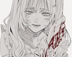 1girl blood brooch choker commentary_request greyscale gunjyou_(gunjyou_00) heart heart_brooch highres jewelry long_hair magical_girl monochrome open_mouth original simple_background solo spot_color sweat white_background