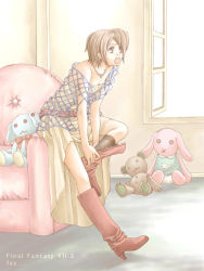 Rule 34 | 1990s (style), 1girl, boots, brown hair, casual, copyright name, final fantasy, final fantasy vii, fishnets, high heel boots, high heels, indoors, red footwear, rendezvous, retro artstyle, shoes, short hair, solo, stuffed animal, stuffed rabbit, stuffed toy, teddy bear, window, yuffie kisaragi, zipper