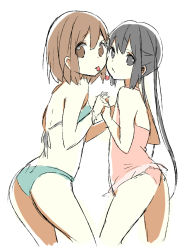 Rule 34 | 2girls, ass, bad id, bad pixiv id, bikini, casual one-piece swimsuit, cherry, food, food in mouth, fruit, hirasawa yui, holding hands, jpeg artifacts, k-on!, looking at viewer, meno, mouth hold, multiple girls, nakano azusa, one-piece swimsuit, pink one-piece swimsuit, simple background, sketch, swimsuit, white background, yuri