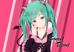 Rule 34 | 1girl, bra, copyright name, demon girl, demon tail, green hair, hatsune miku, honey whip (module), long hair, looking at viewer, nail polish, off shoulder, pink eyes, project diva (series), project diva f, rua (abcd29211), solo, striped, striped background, sweet devil (vocaloid), tail, twintails, underwear, vocaloid