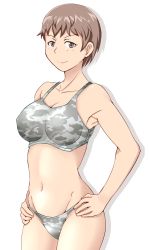 Rule 34 | 1girl, bikini, breasts, brown eyes, brown hair, camouflage, camouflage bikini, cleavage, closed mouth, commentary, cowboy shot, freckles, girls und panzer, grey bikini, groin, hands on own hips, large breasts, looking at viewer, naomi (girls und panzer), navel, shadow, short hair, simple background, smile, solo, standing, swimsuit, tanaka rikimaru, very short hair, white background