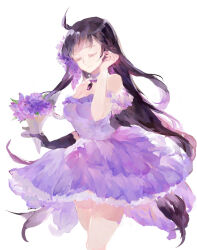 Rule 34 | 1girl, ahoge, bare shoulders, black gloves, blunt bangs, bouquet, breasts, brown hair, chest jewel, chinese commentary, choker, circle skirt, cleavage, closed eyes, closed mouth, commentary request, cowboy shot, dress, eyelashes, flower, frilled choker, frilled dress, frills, gem, gloves, hair flower, hair ornament, hand in own hair, highres, holding, holding bouquet, lavender (flower), long hair, medium breasts, original, purple choker, purple dress, purple flower, purple gemstone, purple sleeves, rivet jiang, short dress, short sleeves, simple background, single bare arm, single glove, smile, solo, thighs, very long hair, white background