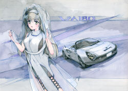 Rule 34 | 1girl, breasts, brown eyes, brown hair, commentary request, dress, grey dress, hands up, hi fumiyo, highres, long hair, looking at viewer, medium breasts, original, parted lips, personification, see-through, sleeveless, sleeveless dress, solo, toyota mr2, traditional media, veil, very long hair